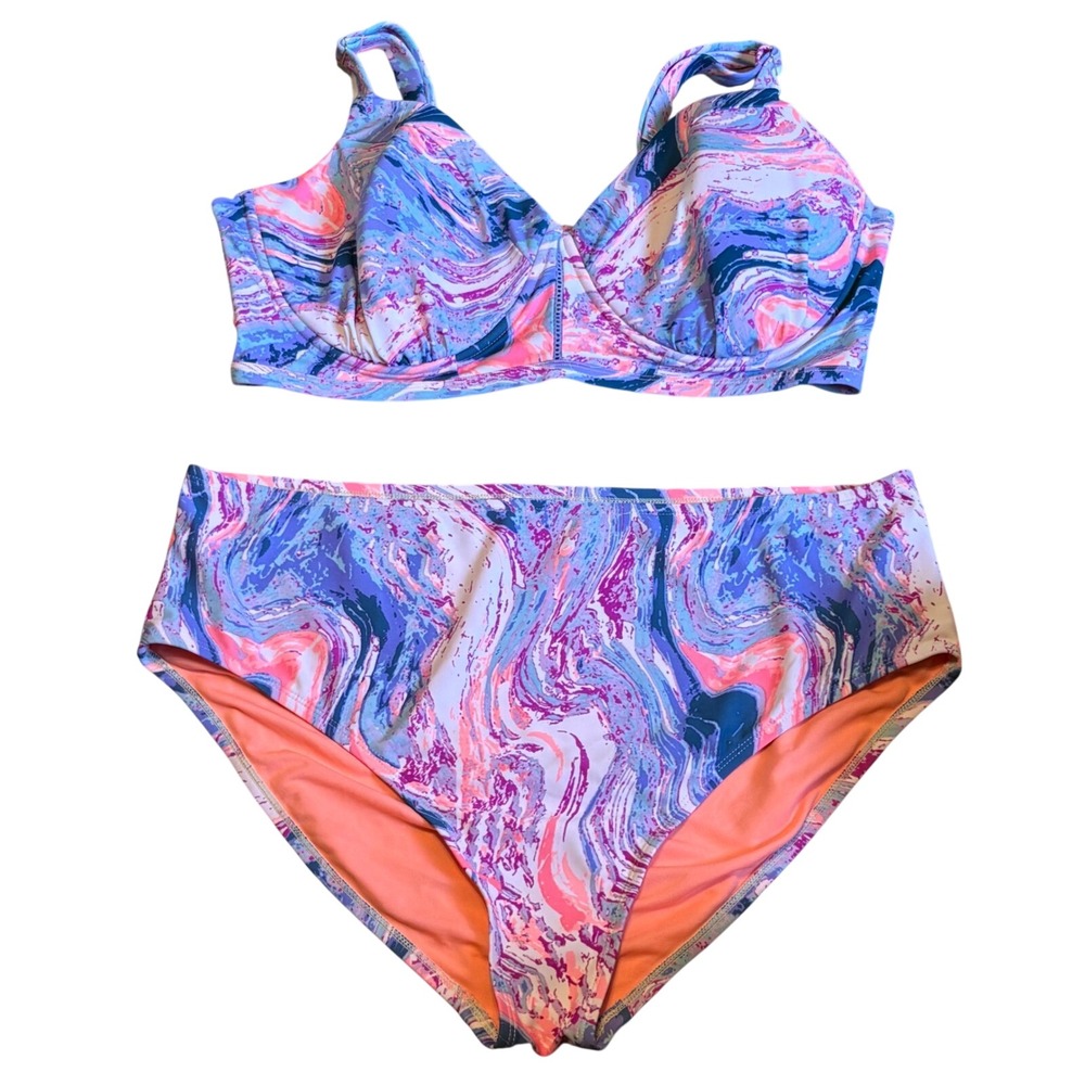 `Moxi‎ Blu Swim Suit 3X 22/24 Two Piece Underwire Padded Cups Adjustable Plus
